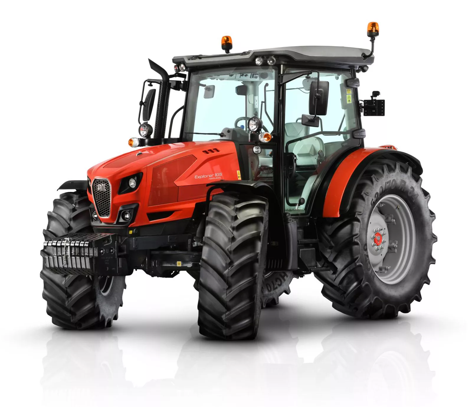 SAME Explorer Natural tractor in studio with cab and agricultural tyres